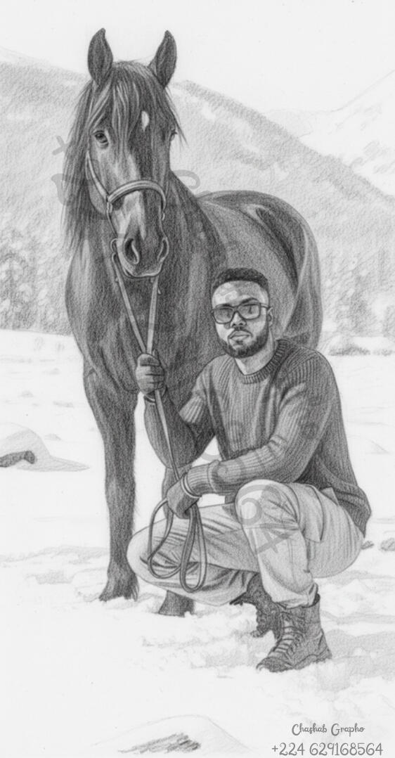 Dessin réaliste au fusain par Chashab Grapho représentant l'artiste accroupi à côté d'un cheval majestueux dans un paysage enneigé. Portrait détaillé en noir et blanc montrant une maîtrise technique du trait et des ombrages.