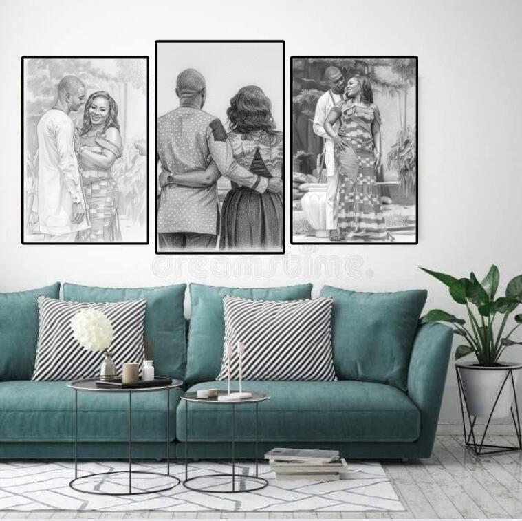 Simulation d'un triptyque de portraits de mariage noir et blanc installés au-dessus d'un canapé bleu pétrole.