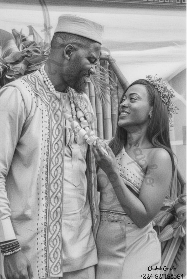 Portrait de mariage capturant un regard entre les époux en habits traditionnels, dessin de précision par l'artiste Chashab Grapho.