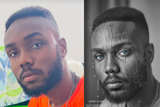 Transformation d'un selfie en portrait hyperréaliste avec détails de gouttes d'eau et yeux bleus accentués, art numérique par Chashab Grapho.