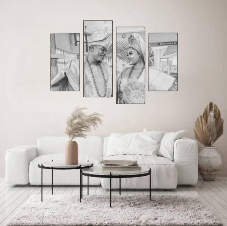 Portrait numérique d'un couple se regardant avec amour, style crayon réaliste, idéal pour décoration murale.