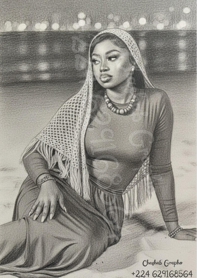 Illustration artistique au fusain par Chashab Grapho d'une femme élégante portant un voile en dentelle, assise sur une plage la nuit avec des lumières floues en arrière-plan. Dessin noir et blanc mettant l'accent sur la douceur des tissus.