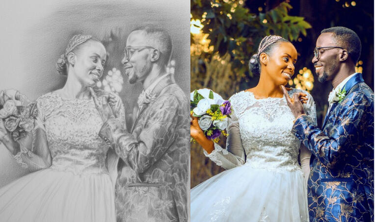 Montage montrant la transformation d'une photo de mariage en un portrait hyperréaliste au graphite, réalisé par l'artiste Chashab Grapho.