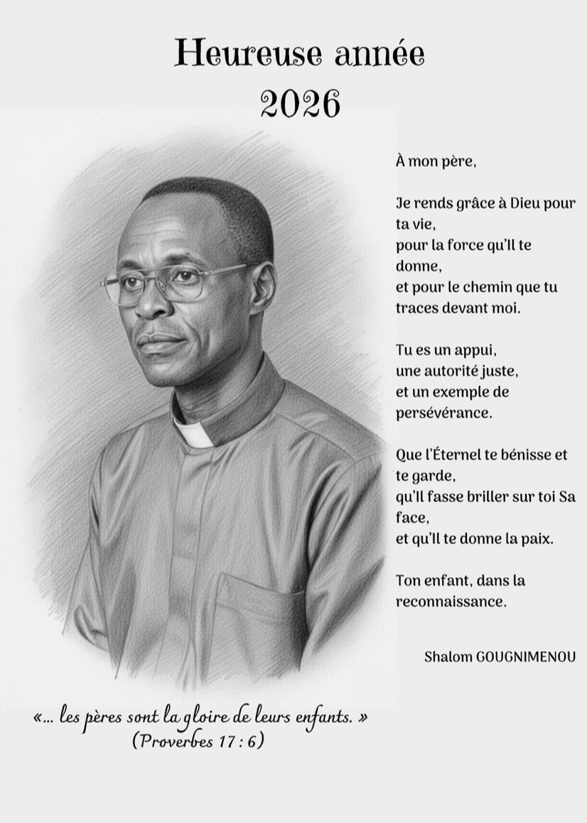 Portrait réaliste d'un homme (prêtre/pasteur) avec un texte d'hommage "Heureuse année 2026", design graphique par Chashab Grapho.