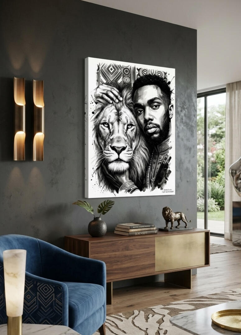 Tableau encadré représentant un homme et un lion en noir et blanc, exposé dans un salon moderne aux tons gris et bois, à côté d'un fauteuil bleu velours, idée déco murale par chashab Grapho.