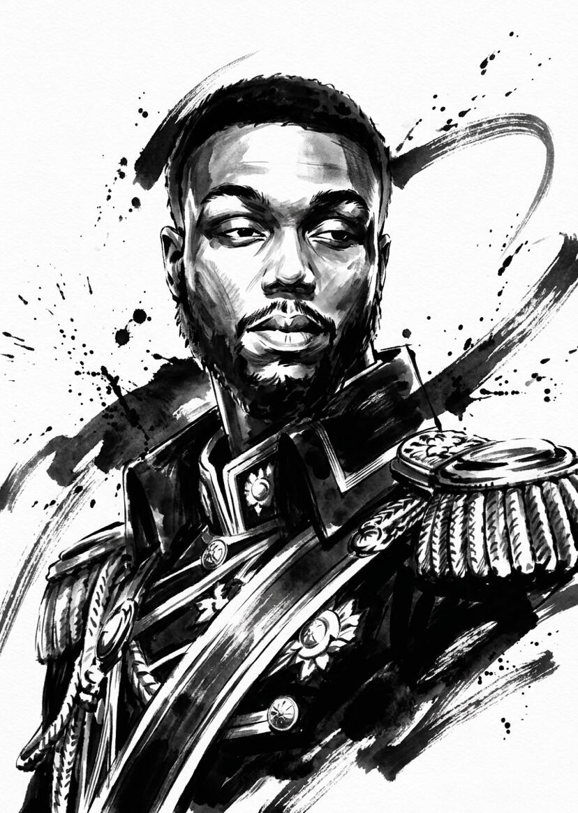 Portrait à l'encre d'un homme au regard grave vêtu d'un uniforme militaire orné d'épaulettes et de décorations, technique expressive en noir et blanc avec traînées et éclaboussures d'encre, œuvre de chashab Grapho.