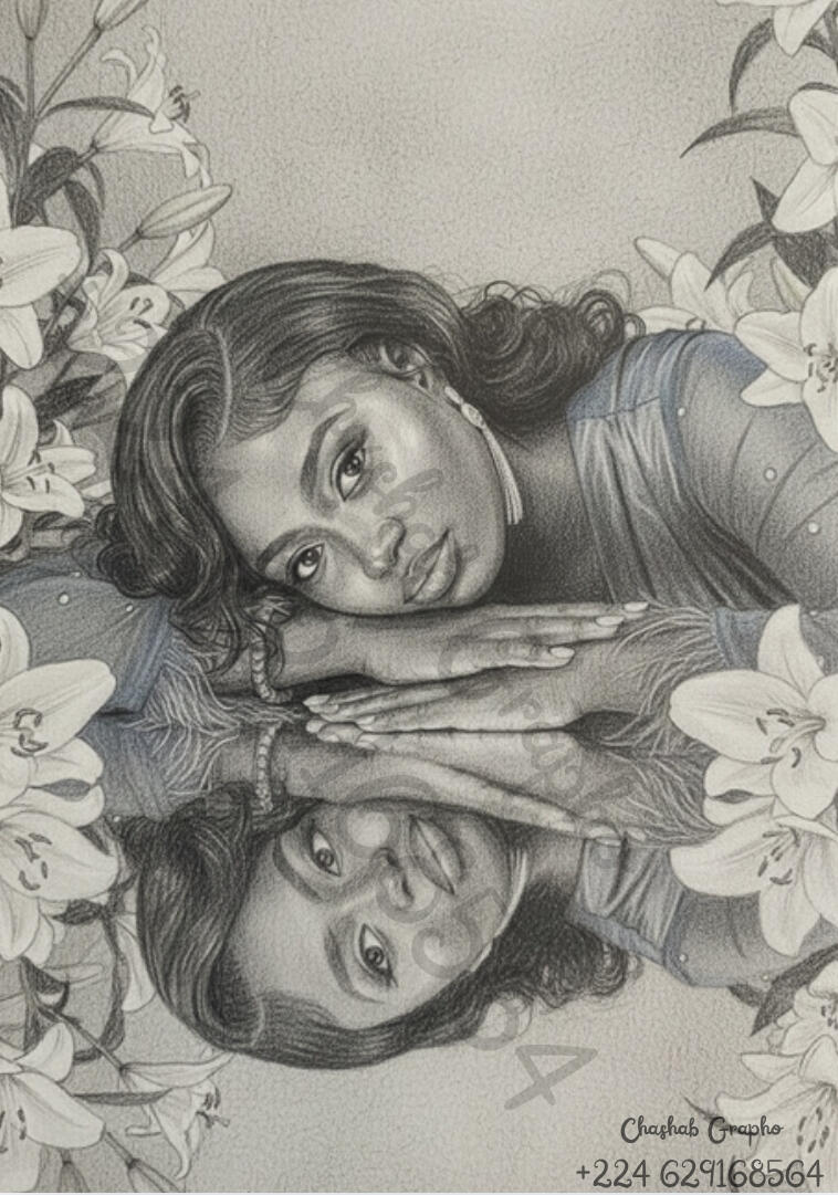 Dessin artistique au fusain et graphite par Chashab Grapho représentant une femme africaine élégante allongée parmi des fleurs de lys. L'œuvre utilise un effet de miroir avec un reflet détaillé, créant une composition poétique en noir et blanc pour une déc