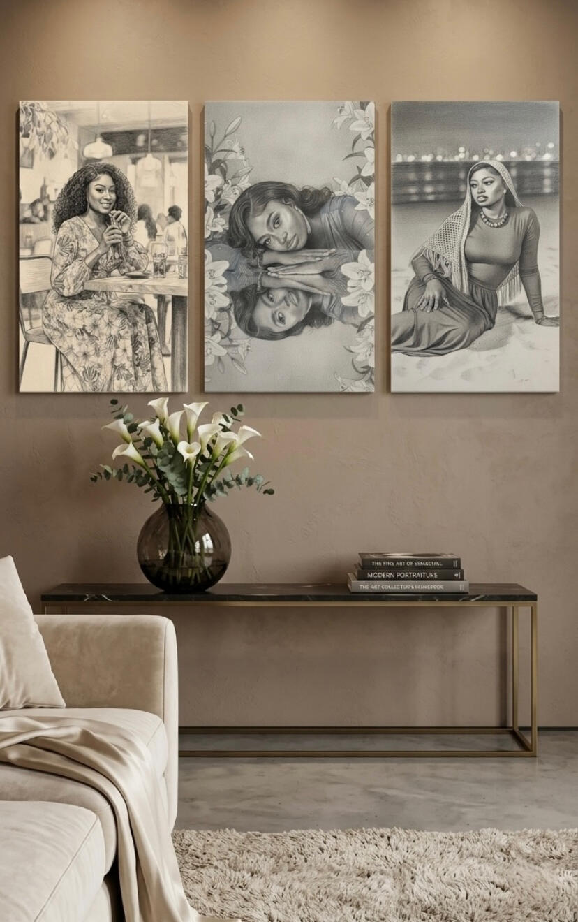 Composition murale en œuvres montrant une femme africaine, art numérique noir et blanc par Chashab Grapho.