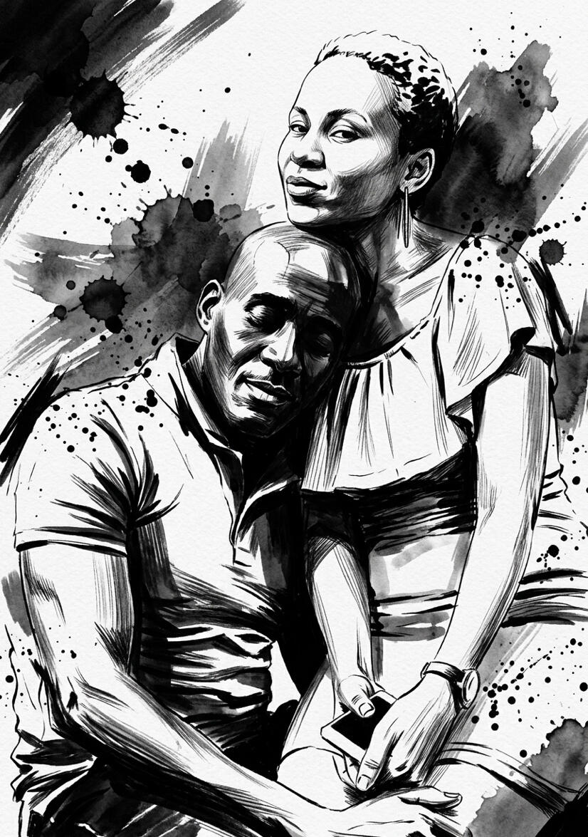Portrait à l'encre d'un couple enlacé tendrement, elle souriante appuyée contre lui les yeux fermés, technique expressive en noir et blanc avec éclaboussures, œuvre de chashab Grapho.