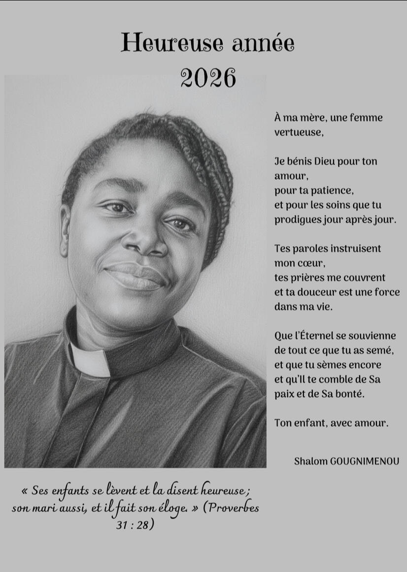 Portrait au crayon d'une femme souriante avec verset biblique (Proverbes 31:28), art numérique et design par Chashab Grapho.