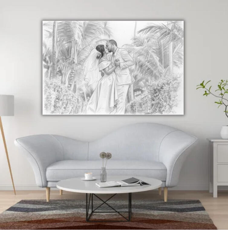 Portrait numérique réaliste d'un couple de mariés s'embrassant sous les palmiers par Chashab Grapho.