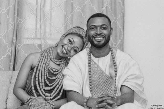 Portrait détaillé d'un couple souriant en tenue traditionnelle avec colliers de perles, style graphite réaliste par Chashab Grapho.