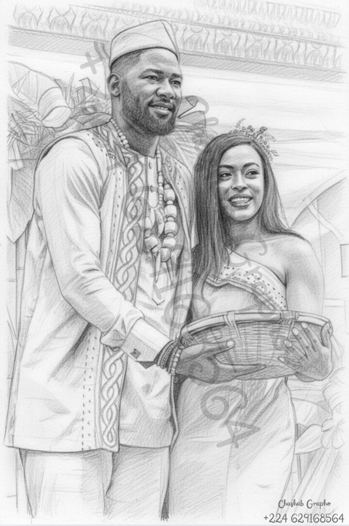Illustration réaliste d'un couple en tenue de mariage traditionnelle portant un panier, art visuel noir et blanc de Chashab Grapho.