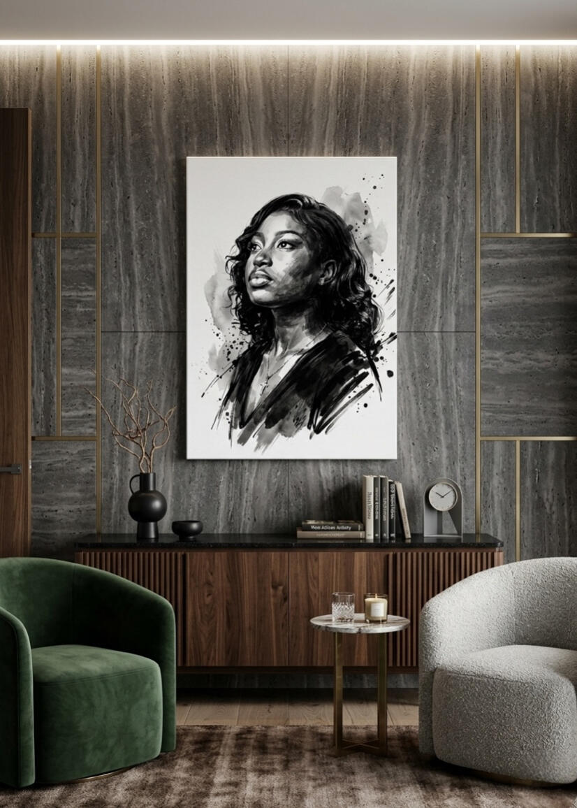 Portrait à l'encre et à l'aquarelle d'une femme au regard pensif tourné vers le haut, cheveux ondulés, technique expressive en noir et blanc avec éclaboussures, œuvre de chashab Grapho