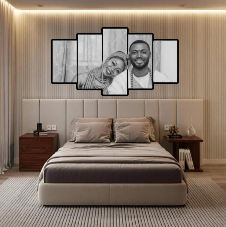 Tableau décoratif de chambre à coucher composé de trois portraits de mariage élégants en noir et blanc.