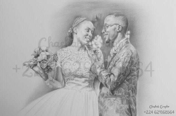 Dessin de mariage réaliste noir et blanc, mariée avec bouquet et marié avec lunettes se regardant, art numérique par Chashab Grapho.
