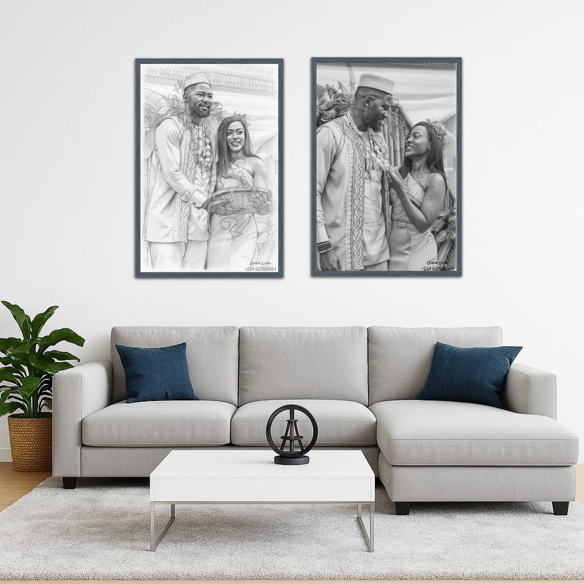 Portrait de couple en tenues traditionnelles africaines, style dessin au crayon haute précision par Chashab Grapho.