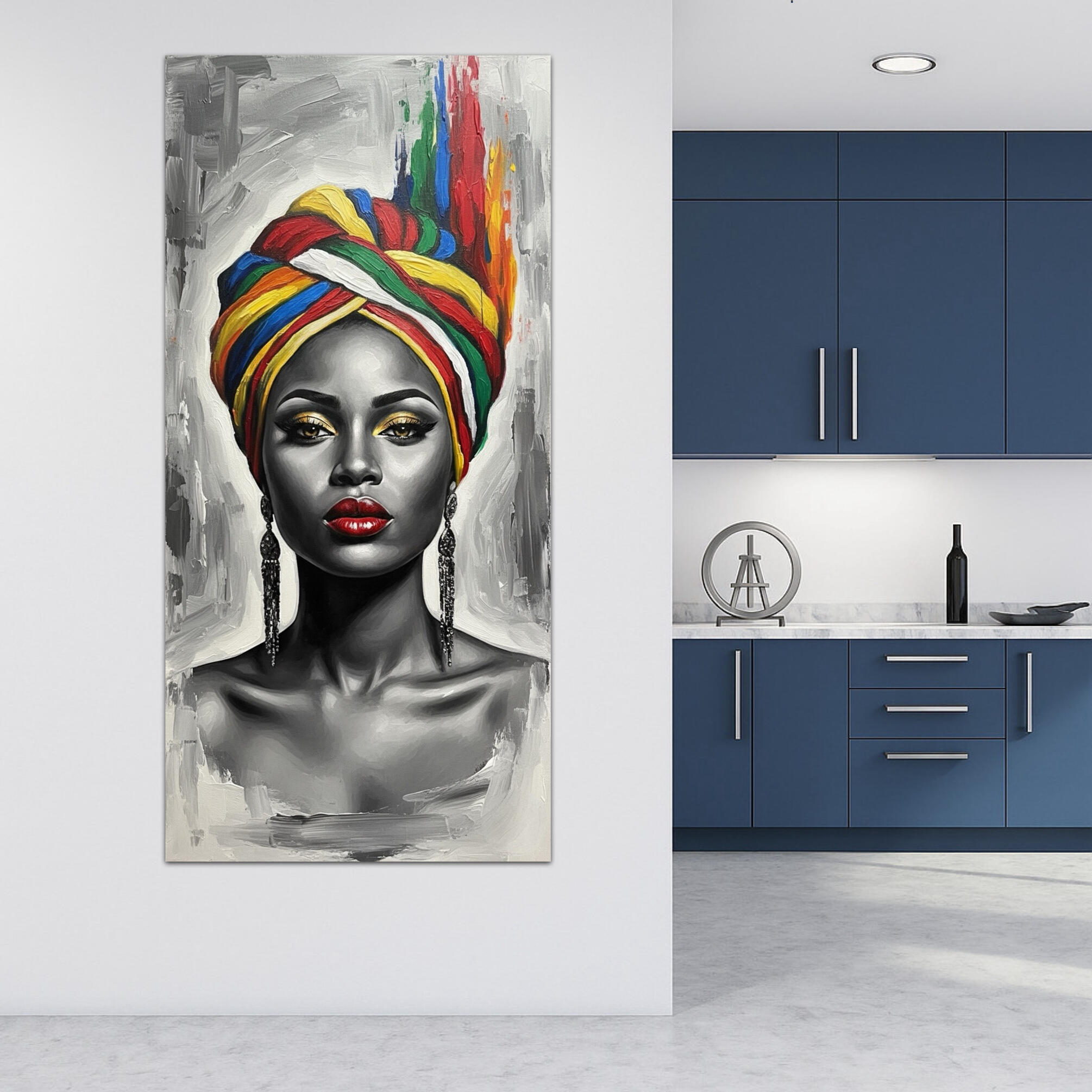 Art visuel vertical représentant une femme noire avec un turban aux couleurs vives (jaune, rouge, bleu), maquillage doré et boucles d'oreilles pendantes, idéal pour décoration de luxe.