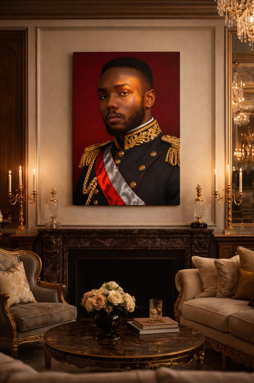 Autoportrait d'art numérique par Chashab Grapho, représentant l'artiste en uniforme militaire impérial noir avec broderies d'or, épaulettes et une écharpe rouge et argent, sur un fond rouge velours.