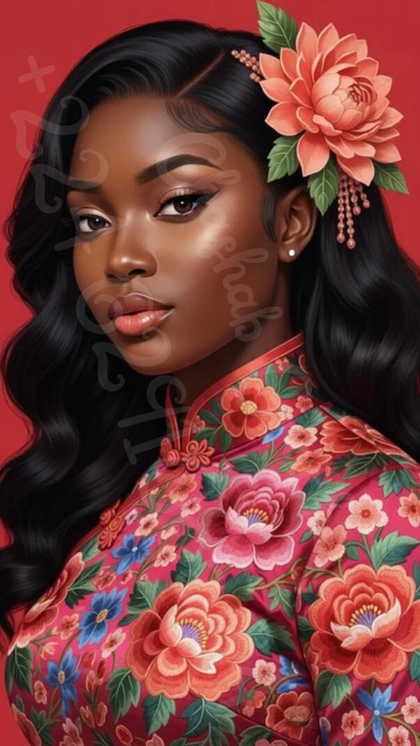 Portrait d'art numérique d'une femme noire portant une robe rouge à motifs floraux détaillés avec une fleur d'hibiscus dans les cheveux. Style graphique propre et couleurs vibrantes.