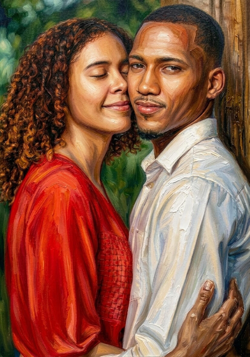 Portrait à l'huile d'un couple métisse enlacé tendrement, elle aux cheveux bouclés en chemisier rouge les yeux fermés, lui en chemise blanche appuyé contre un poteau en bois, sur fond de verdure, œuvre de chashab Grapho.