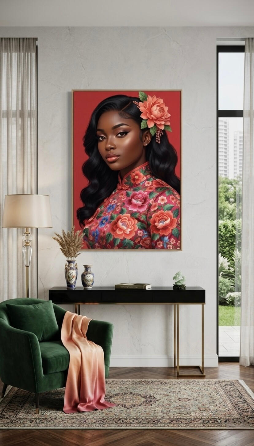 Art numérique d'une femme noire vêtue d'une robe rouge à motifs floraux asiatiques, fleur de lotus dans les cheveux, style élégant et saturé pour portfolio d'artiste.