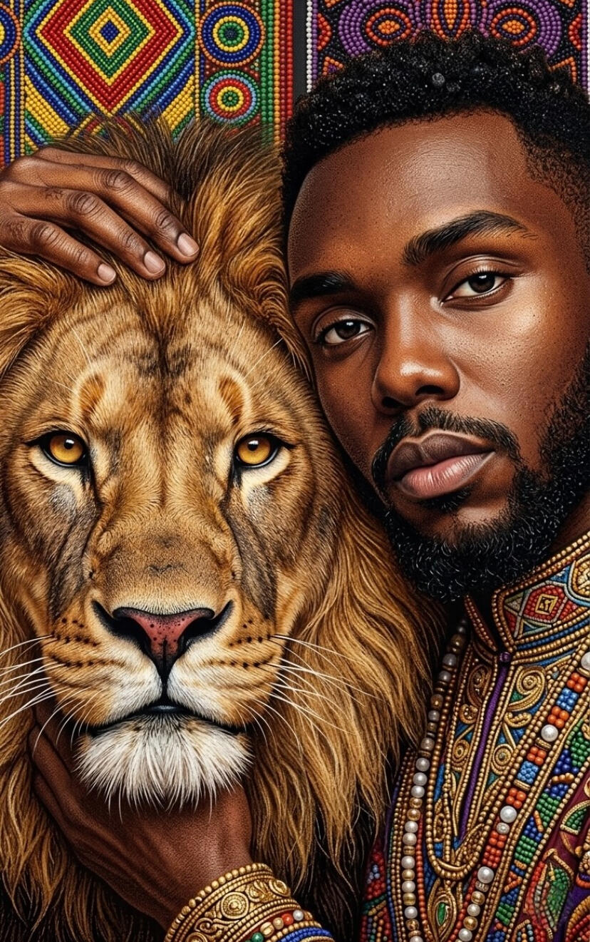 Portrait rapproché d'un homme africain au regard intense posant sa main sur la tête d'un lion, vêtu d'une tenue traditionnelle brodée de perles multicolores, sur fond de motifs géométriques colorés, œuvre de l'artiste chashab Grapho.