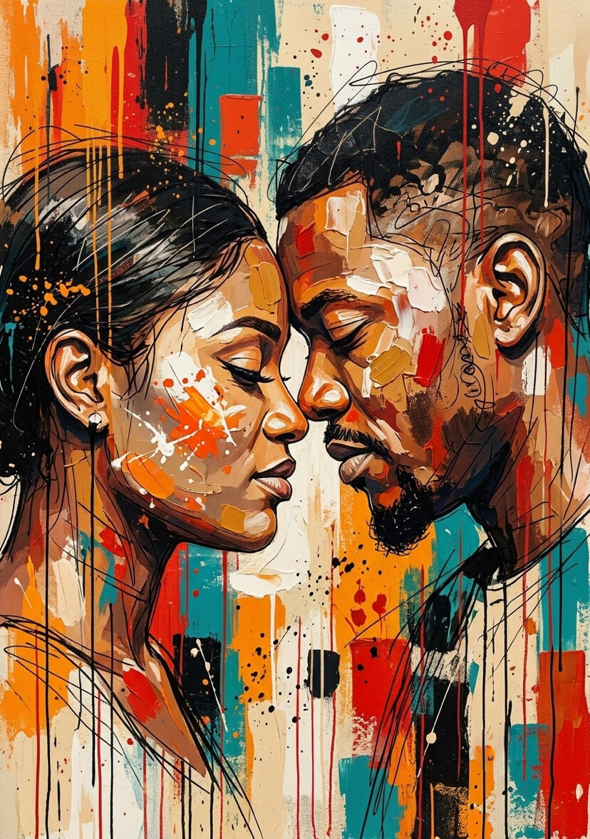 Peinture expressionniste d'un couple afro-descendant front contre front, yeux fermés, visages texturés en touches de peinture blanche et ocre, sur fond éclaboussé de rouge, orange et bleu sarcelle, œuvre de chashab Grapho.