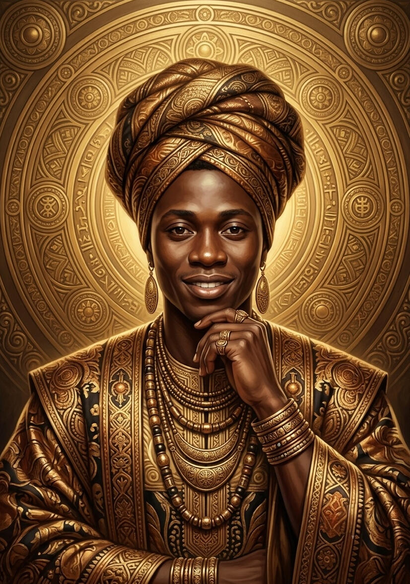 Portrait numérique d'un homme souriant au turban tressé doré, parures de bijoux dorés multiples, sur fond ornemental circulaire gravé de motifs symboliques dorés, réalisé par l'artiste chashab Grapho.