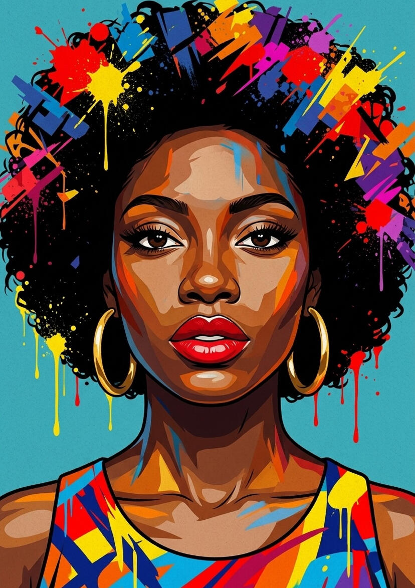 Portrait pop art d'une femme au visage stylisé et lèvres rouges vives, cheveux afro éclaboussés de peinture multicolore façon street art, créoles dorées, fond bleu turquoise, par l'artiste chashab Grapho.