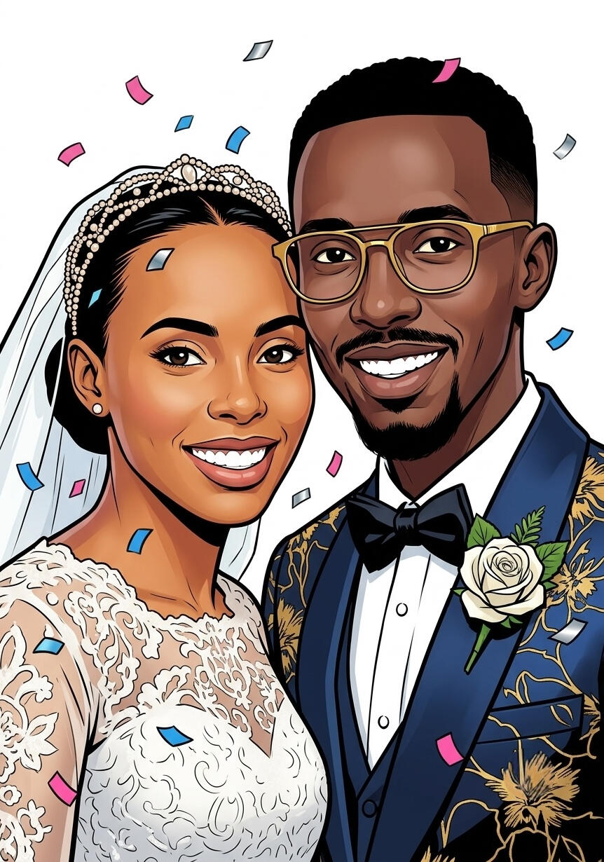Illustration numérique de style comics d'un couple de mariés souriants, elle en robe de dentelle et diadème, lui en costume bleu marine à motifs dorés et lunettes, entourés de confettis colorés, par l'artiste chashab Grapho.