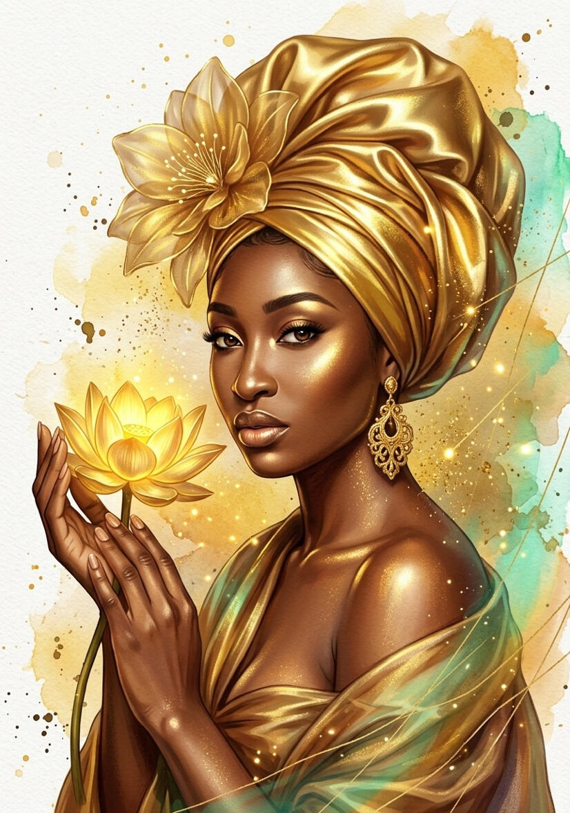 Portrait à l'aquarelle d'une femme au turban doré satiné orné d'une fleur, tenant une fleur de lotus lumineuse dans ses mains, boucles d'oreilles dorées, fond pastel scintillant jaune et turquoise, par chashab Grapho.