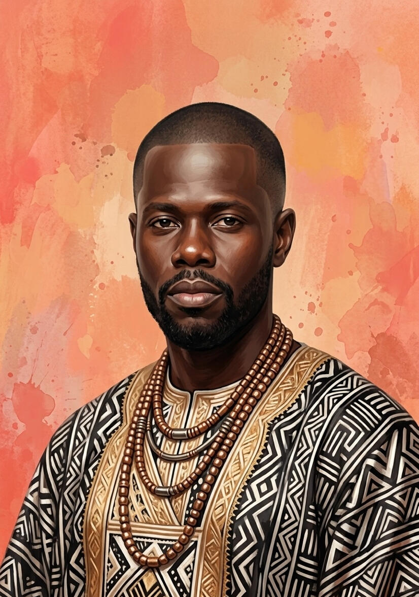 Portrait numérique d'un homme au regard calme, vêtu d'une tunique à motifs géométriques noir et or et parée de colliers de perles traditionnels, sur fond aquarelle corail et pêche, œuvre de chashab Grapho.