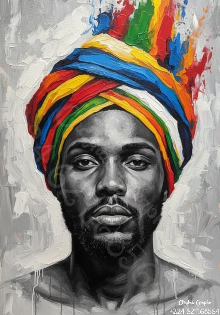 Autoportrait artistique de Chashab Grapho : portrait d'un homme barbu avec un turban multicolore peint à l'huile avec une texture épaisse, mélangeant art contemporain africain et expressionnisme vibrant.