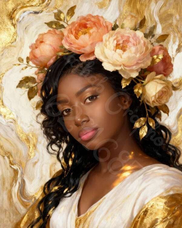 Portrait artistique d'une femme noire avec une couronne de roses saumon et des touches de feuilles d'or, style Renaissance moderne et élégant.