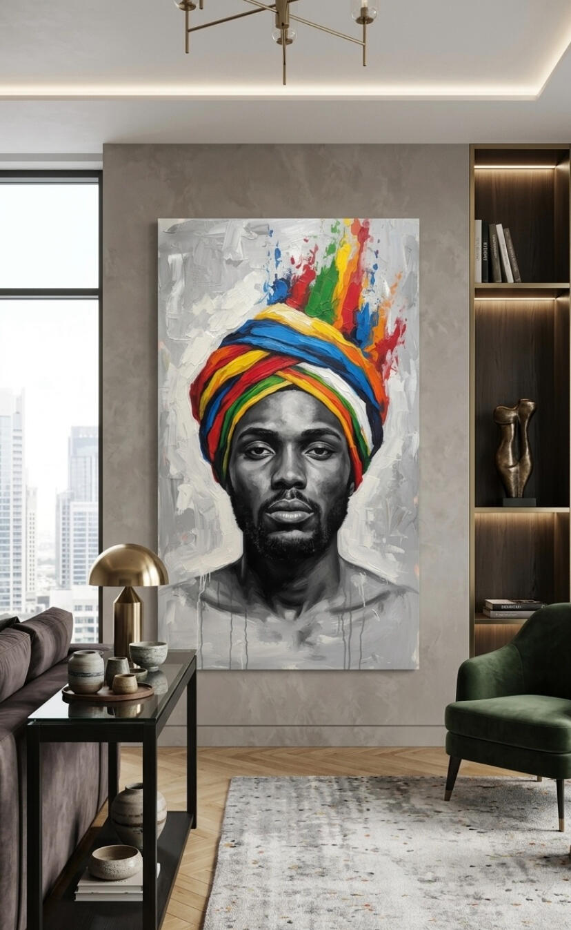 Portrait numérique d'un homme noir avec un turban multicolore texturé, style peinture à l'huile avec contrastes élevés noir et blanc, art mural moderne par Chashab Grapho.