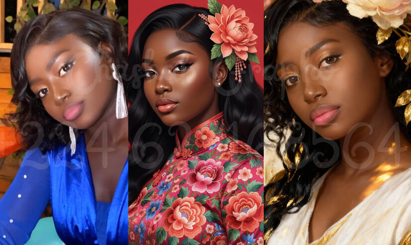 Montage artistique par Chashab Grapho montrant le processus créatif : de la photographie portrait d'une femme africaine à la création d'œuvres d'art numériques vibrantes...