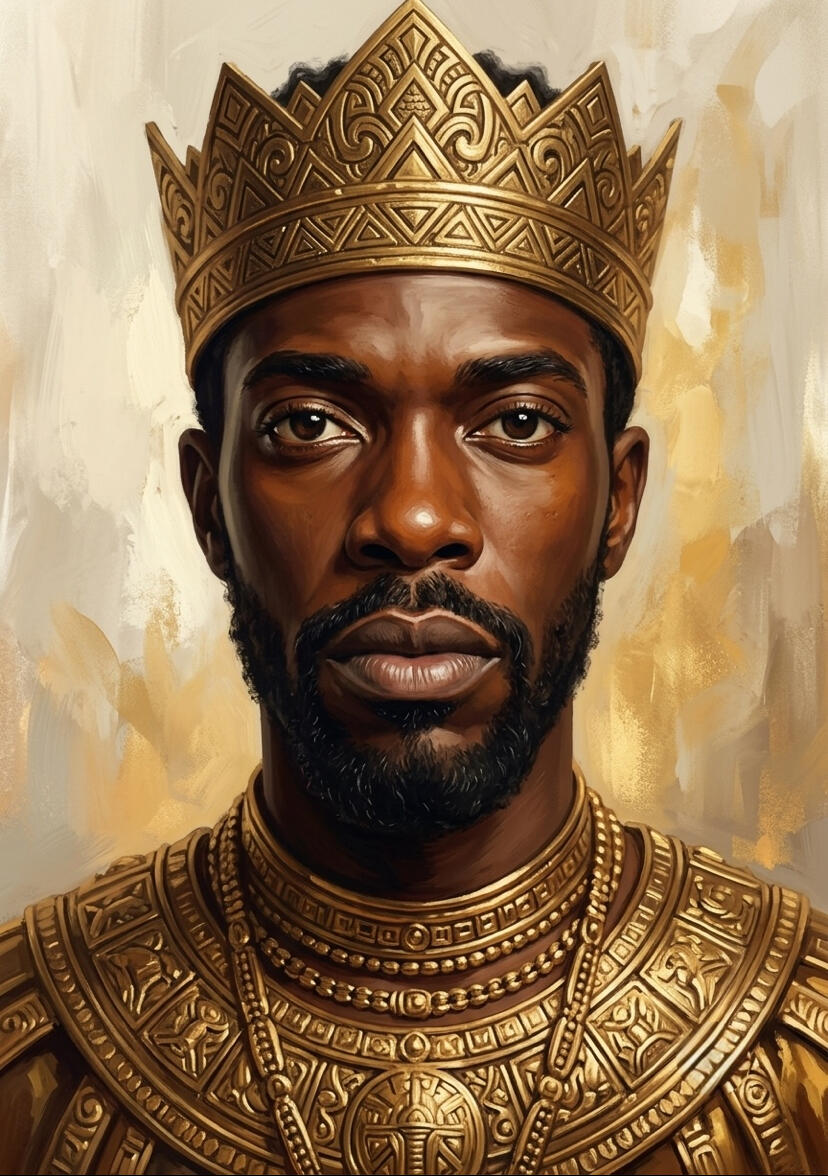 Portrait numérique d'un roi africain au regard souverain, couronne dorée ornée de motifs géométriques traditionnels, collier et armure dorée gravée, fond ocre texturé, réalisé par l'artiste chashab Grapho.