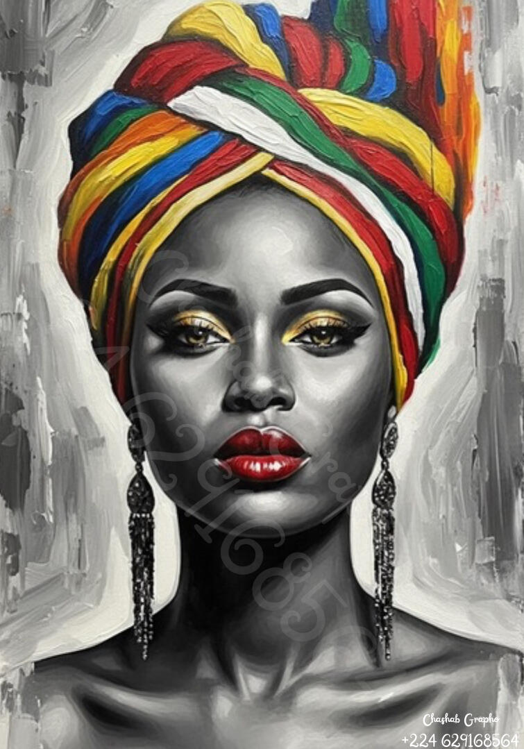 Art numérique façon peinture à l'huile représentant une femme africaine avec un turban multicolore (rouge, jaune, vert, bleu) et des boucles d'oreilles pendantes, fond gris texturé.