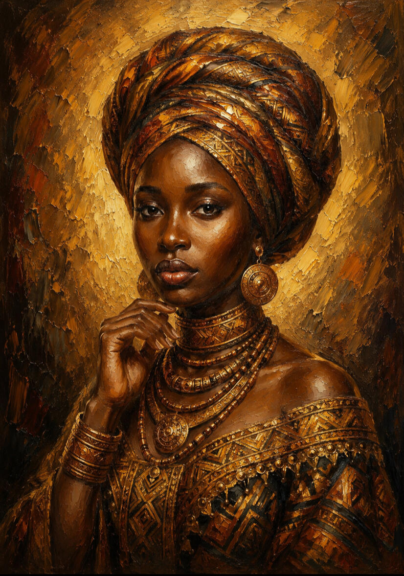 Portrait au style impasto d'une femme africaine élégante, turban tressé aux tons cuivre et or, parée de boucles d'oreilles rondes, colliers superposés et bracelets dorés à motifs géométriques, sur fond ocre texturé, œuvre de chashab Grapho.