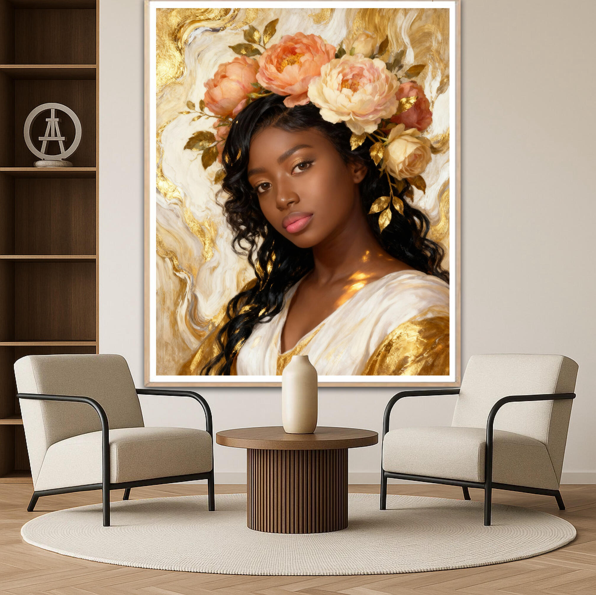 Portrait d'une femme noire avec une couronne de fleurs de pivoines roses et beiges, fond marbré or et blanc, esthétique royale et douce, création Chashab Grapho.
