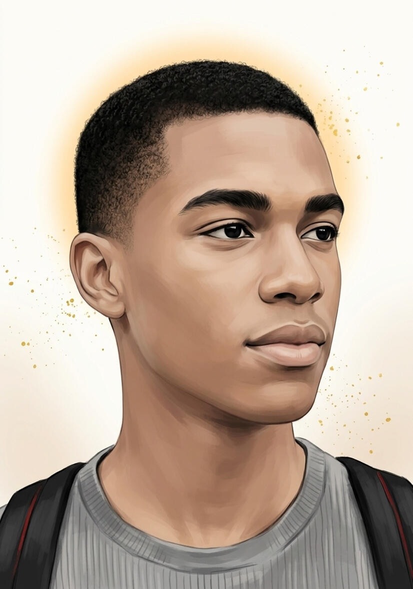 Portrait numérique hyperréaliste d'un jeune homme au regard pensif tourné de trois quarts, cheveux courts bouclés, fond clair éclaboussé de particules dorées, illustration digitale par l'artiste chashab Grapho.