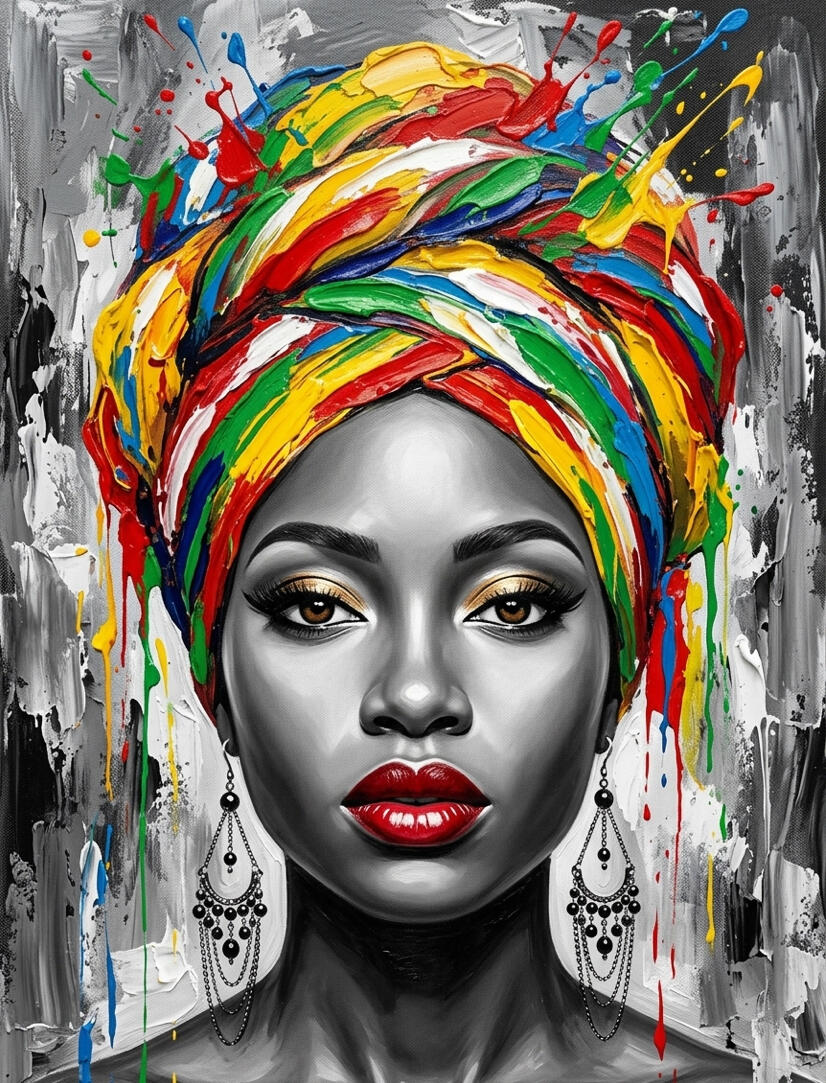 Art numérique façon peinture à l'huile représentant une femme africaine avec un turban multicolore (rouge, jaune, vert, bleu) et des boucles d'oreilles pendantes, fond gris texturé.