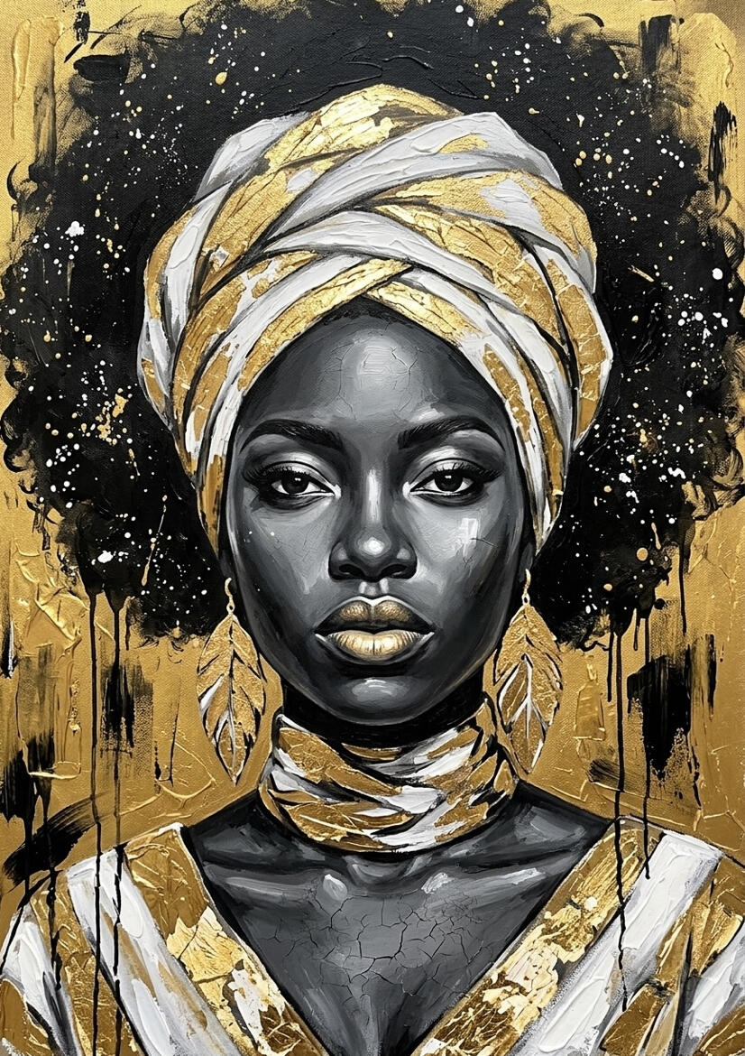 Portrait d'une femme africaine au regard intense, coiffée d'un turban blanc et or, ornée de bijoux dorés et d'un collier traditionnel à motifs géométriques, réalisé en noir et blanc rehaussé de feuille d'or par l'artiste chashab Grapho.