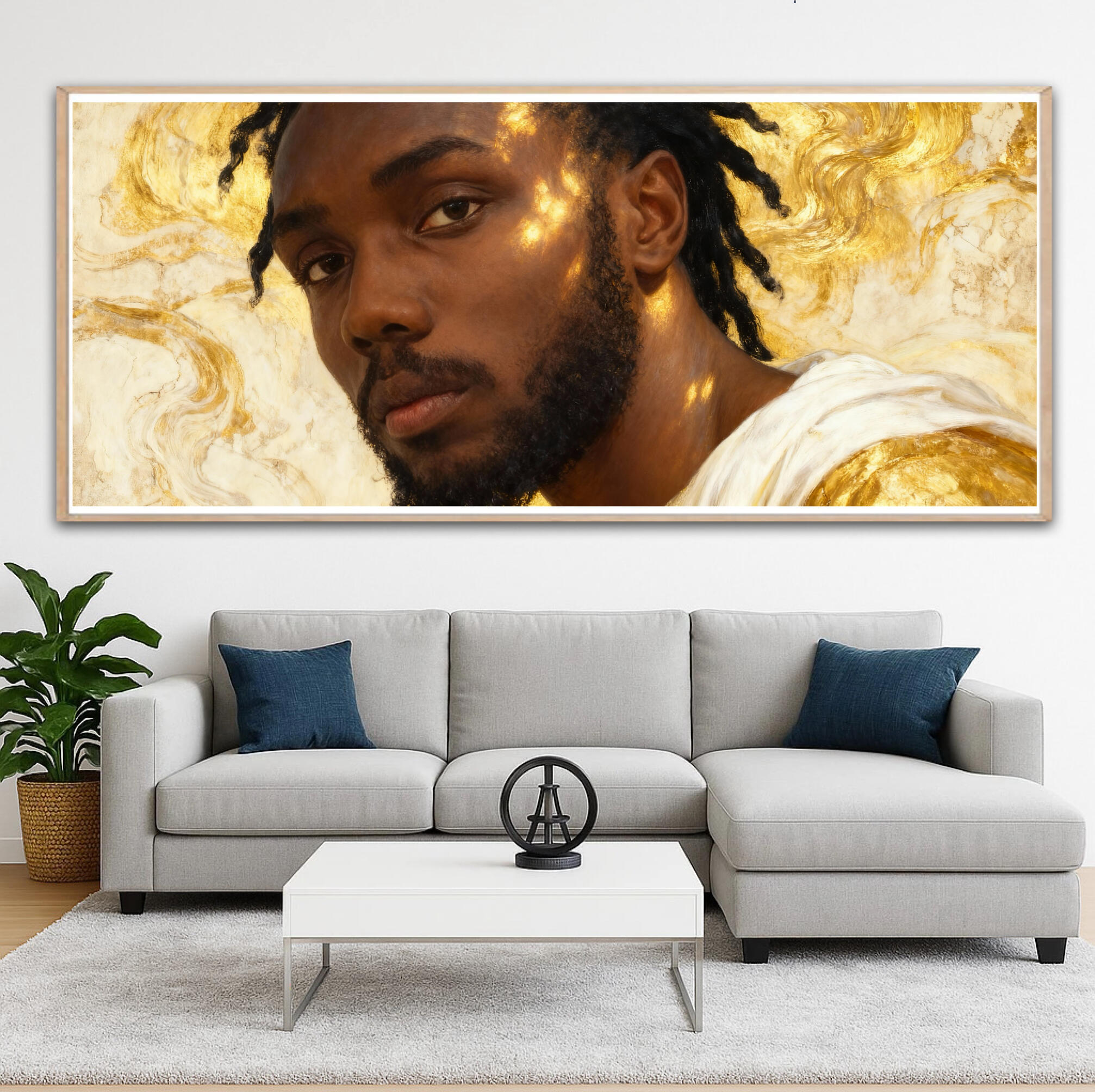 Portrait digital horizontal d'un homme noir avec des reflets dorés sur le visage, fond abstrait marbré blanc et or, œuvre d'art numérique de Chashab Grapho pour salon.