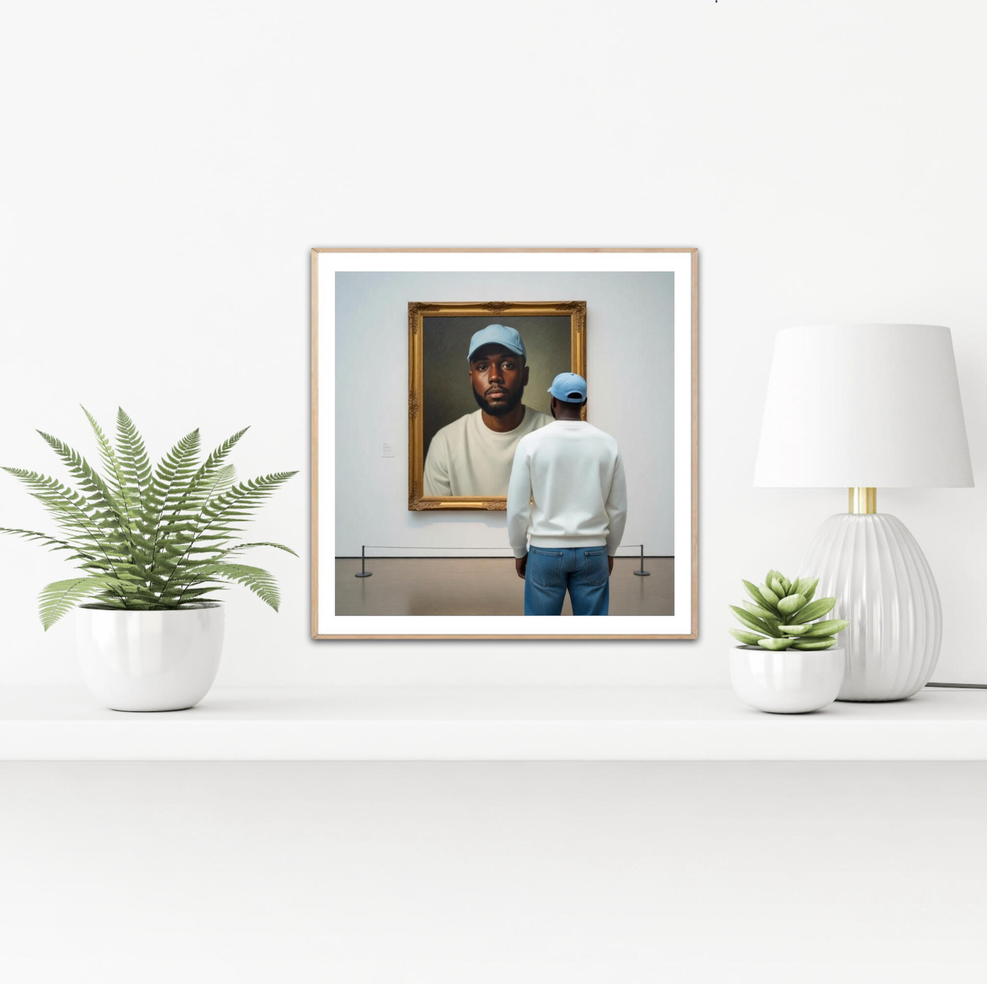 Œuvre conceptuelle montrant un homme de dos regardant son propre portrait dans une galerie d'art, style minimaliste et moderne par le designer Chashab Grapho.