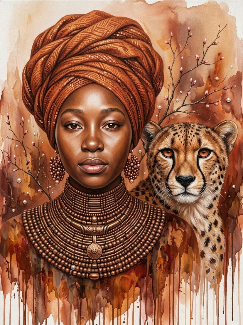 Portrait à l'aquarelle d'une femme africaine au turban tressé cuivré et collier de perles traditionnel, accompagnée d'un guépard, sur fond dégoulinant de teintes ocre et terracotta, œuvre de l'artiste chashab Grapho.