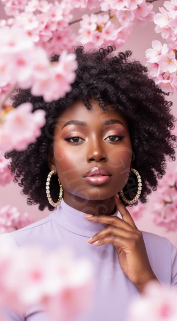Portrait numérique d'une femme noire aux cheveux afro entourée de fleurs de cerisier roses, style artistique doux et lumineux par l'artiste visuel Chashab Grapho.