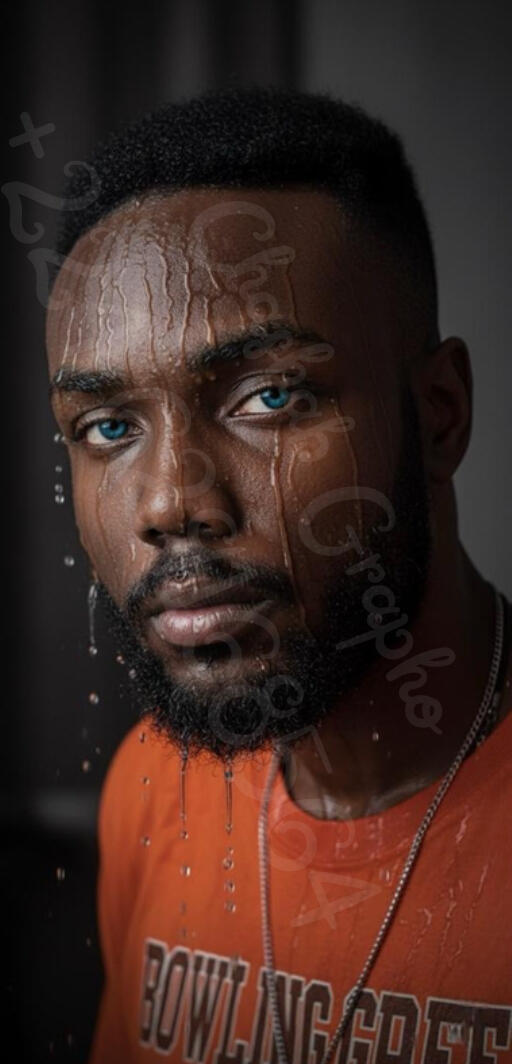 Photographie d'art numérique d'un homme noir avec des yeux bleus perçants, de l'eau ruisselant sur son visage, portant un t-shirt orange, ambiance dramatique et hyperréaliste.