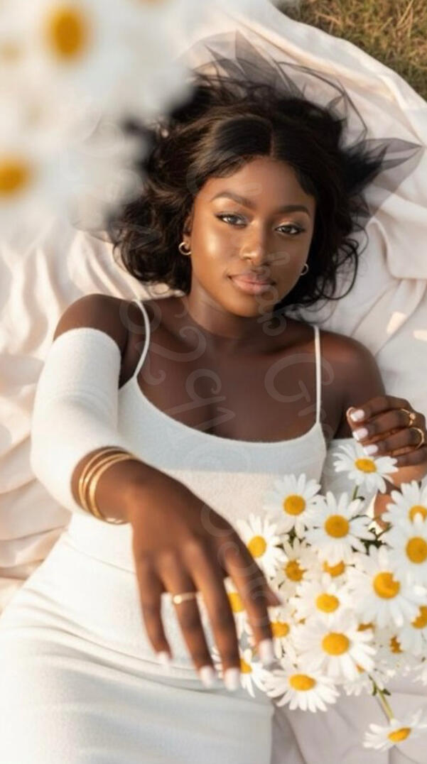 Art visuel par Chashab Grapho montrant une femme noire allongée sur un drap blanc, tenant un bouquet de marguerites. Ambiance douce, éthérée et lumineuse avec des fleurs en premier plan flou.